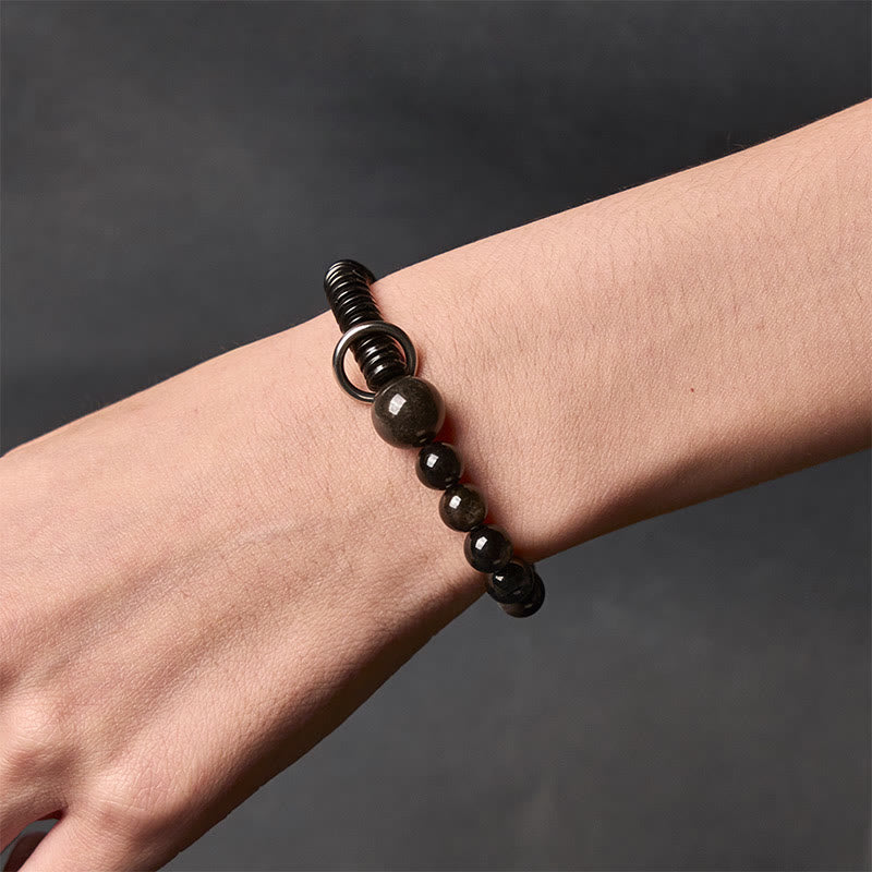 Buddha Stones Silver Sheen Obsidian Coconut Shell Protection Bracelet