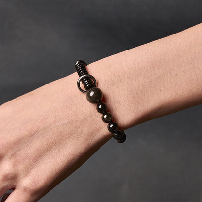 Buddha Stones Silver Sheen Obsidian Coconut Shell Protection Bracelet