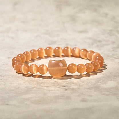 Buddha Stones Lovely Cat Head Pink Cat's Eye White Cat's Eye Spiritual Beads Bracelet