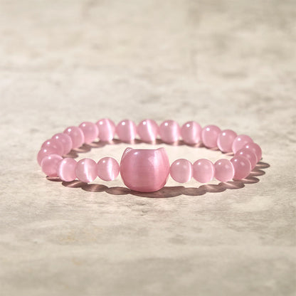 Buddha Stones Lovely Cat Head Pink Cat's Eye White Cat's Eye Spiritual Beads Bracelet