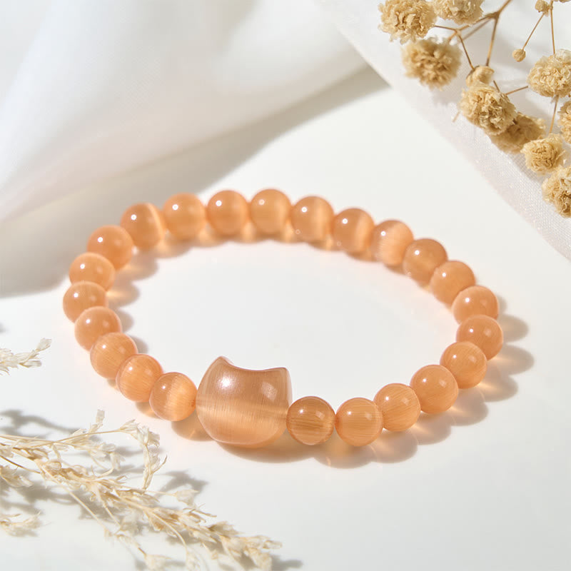 Buddha Stones Lovely Cat Head Pink Cat's Eye White Cat's Eye Spiritual Beads Bracelet