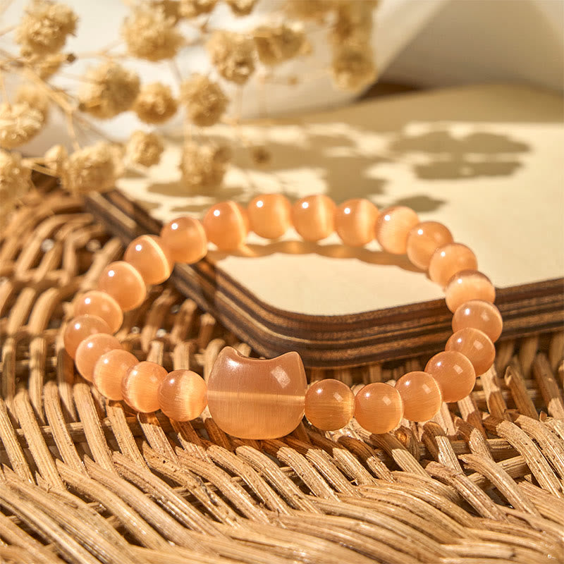 Buddha Stones Lovely Cat Head Pink Cat's Eye White Cat's Eye Spiritual Beads Bracelet