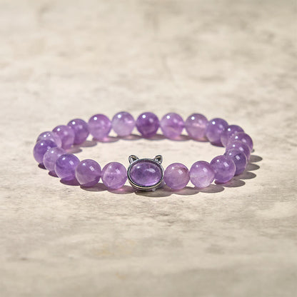 Buddha Stones Natural Amethyst Bead Cute Cat Healing Bracelet