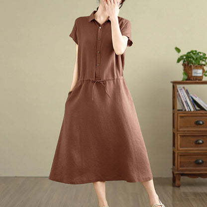 Buddha Stones Summer Plain Short Sleeve Drawstring Cotton Linen Midi Dress With Pockets