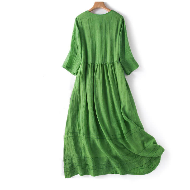 Buddha Stones Summer V-Neck Design Half Sleeve Cotton Midi Dress