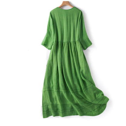 Buddha Stones Summer V-Neck Design Half Sleeve Cotton Midi Dress