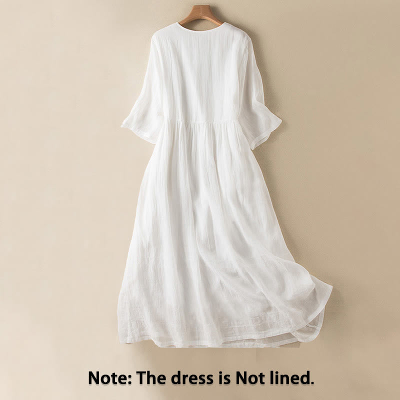 Buddha Stones Summer V-Neck Design Half Sleeve Cotton Midi Dress