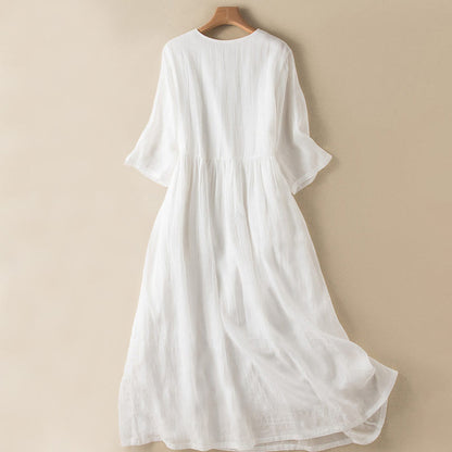 Buddha Stones Summer V-Neck Design Half Sleeve Cotton Midi Dress