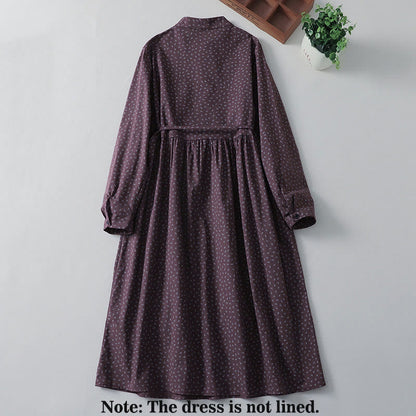 Buddha Stones Printing Floral Accordion Pleats Cotton Linen Long Sleeve Midi Dress With Pockets