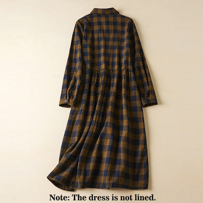 Buddha Stones Contrast Color Plaid Buttons Design Cotton Linen Long Sleeve Midi Dress With Pockets