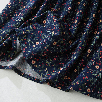 Buddha Stones Ethnic Printing Floral Lace-Up Design Long Sleeve Cotton Linen Midi Dress