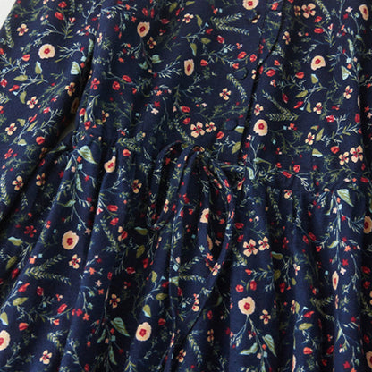 Buddha Stones Ethnic Printing Floral Lace-Up Design Long Sleeve Cotton Linen Midi Dress
