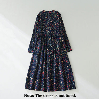 Buddha Stones Ethnic Printing Floral Lace-Up Design Long Sleeve Cotton Linen Midi Dress