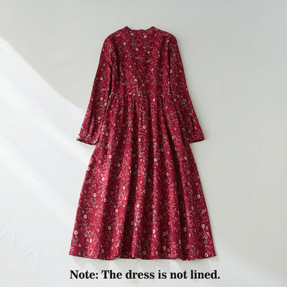 Buddha Stones Ethnic Printing Floral Lace-Up Design Long Sleeve Cotton Linen Midi Dress