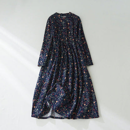 Buddha Stones Ethnic Printing Floral Lace-Up Design Long Sleeve Cotton Linen Midi Dress