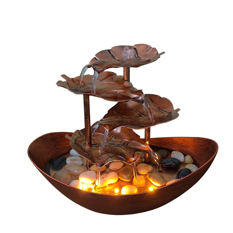 Buddha Stones Lotus Leaf Shaped Waterfall Fountain Tabletop Ornaments With LED Light Home Office Desktop Decoration