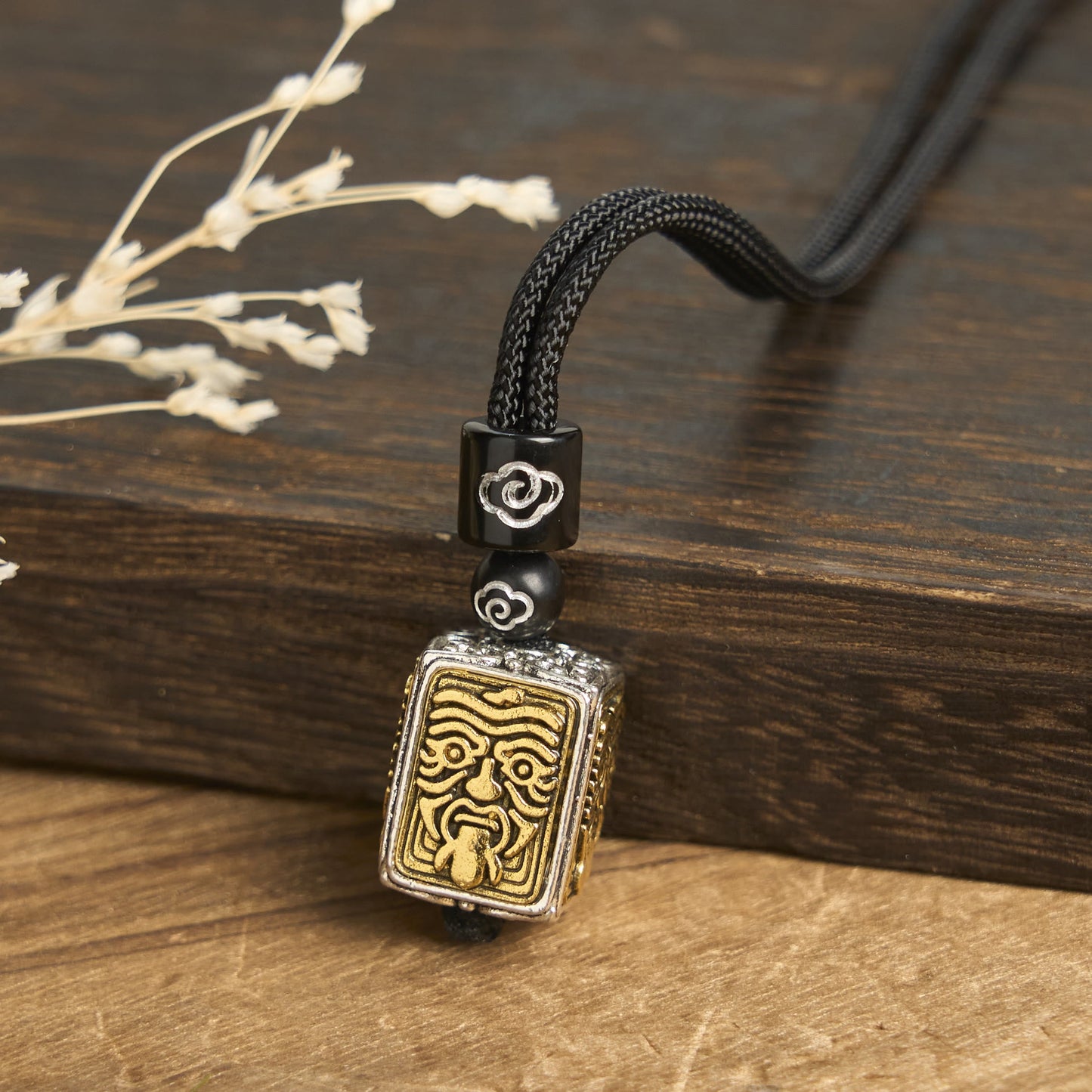 Buddha Stones Tibetan Zakiram Goddess Of Wealth Protection Rope Square Necklace Pendant