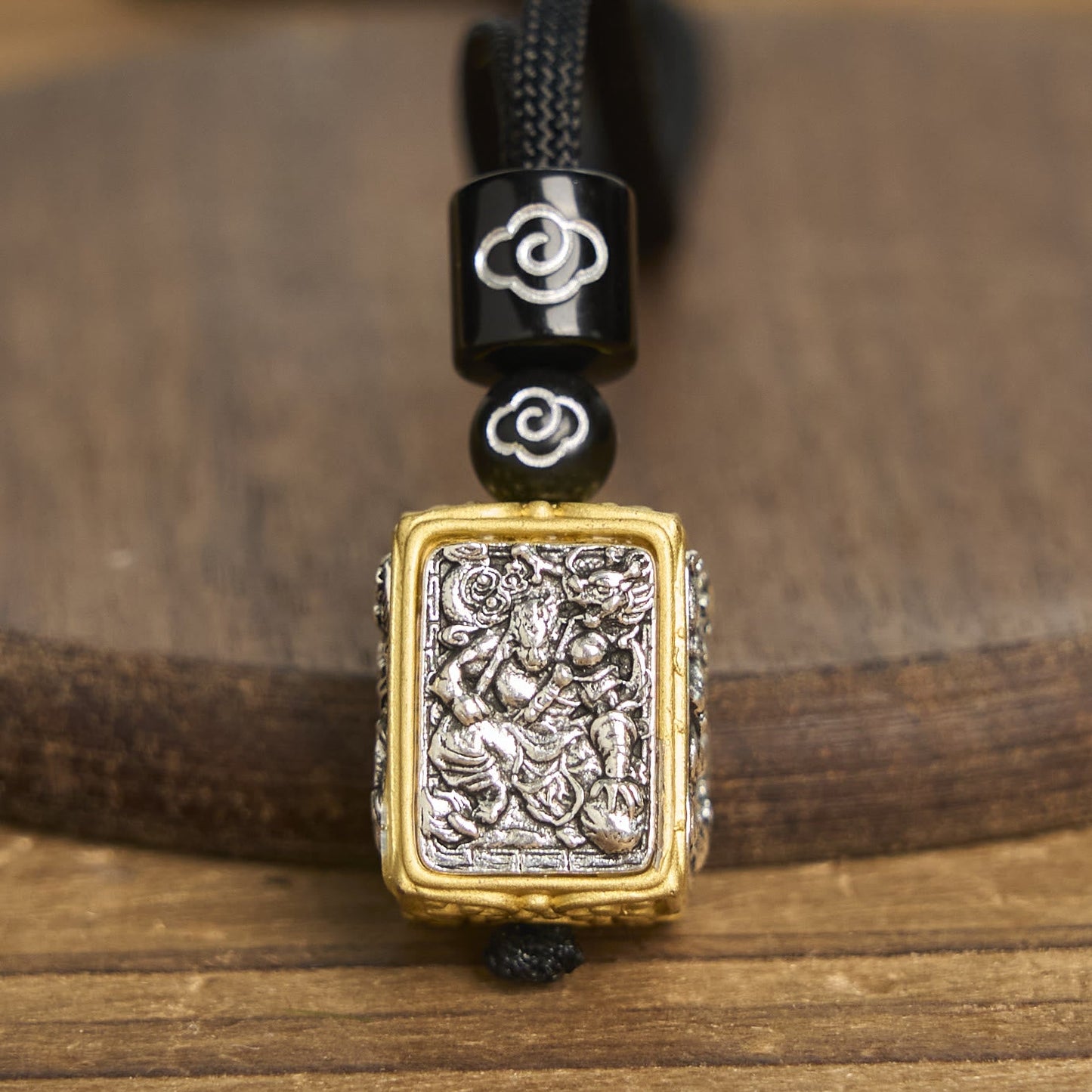 Buddha Stones Tibetan Zakiram Goddess Of Wealth Protection Rope Square Necklace Pendant