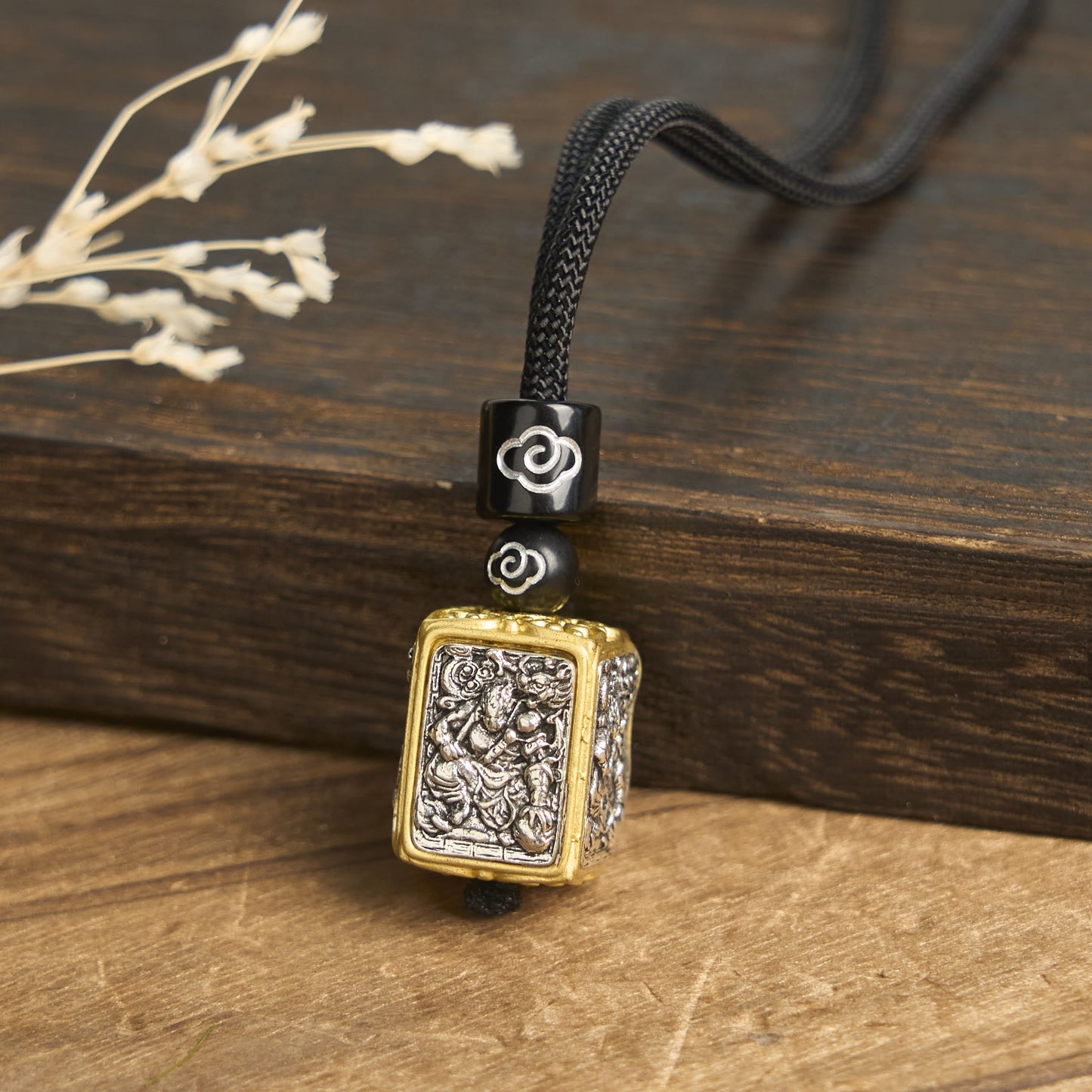 Buddha Stones Tibetan Zakiram Goddess Of Wealth Protection Rope Square Necklace Pendant