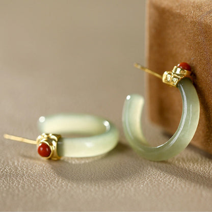 Buddha Stones 925 Sterling Silver Hetian Jade Prosperity Curved Earrings