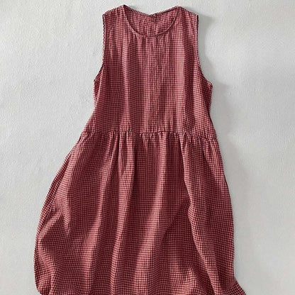 Buddha Stones Casual Plain Handmade Plaid Midi Dress Cotton Sleeveless Dress With Pockets
