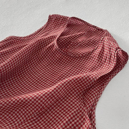 Buddha Stones Casual Plain Handmade Plaid Midi Dress Cotton Sleeveless Dress With Pockets