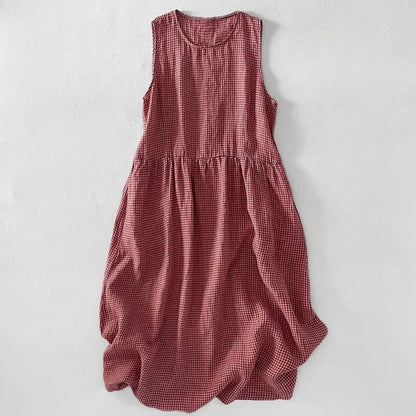 Buddha Stones Casual Plain Handmade Plaid Midi Dress Cotton Sleeveless Dress With Pockets