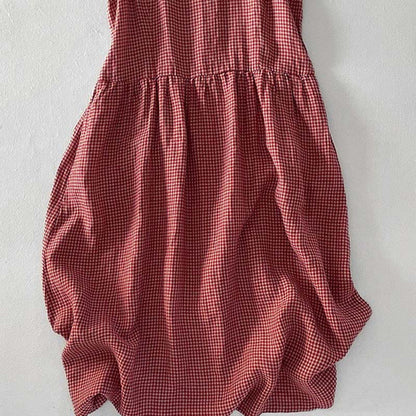 Buddha Stones Casual Plain Handmade Plaid Midi Dress Cotton Sleeveless Dress With Pockets