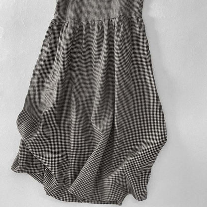 Buddha Stones Casual Plain Handmade Plaid Midi Dress Cotton Sleeveless Dress With Pockets