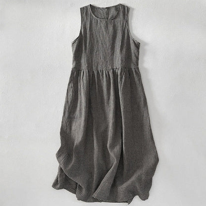 Buddha Stones Casual Plain Handmade Plaid Midi Dress Cotton Sleeveless Dress With Pockets