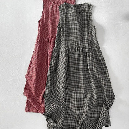 Buddha Stones Casual Plain Handmade Plaid Midi Dress Cotton Sleeveless Dress With Pockets