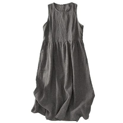 Buddha Stones Casual Plain Handmade Plaid Midi Dress Cotton Sleeveless Dress With Pockets