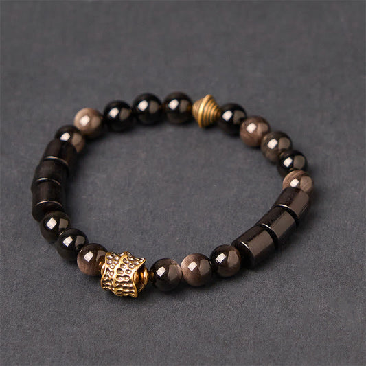 Buddha Stones Silver Sheen Obsidian Ebony Protection Bracelet