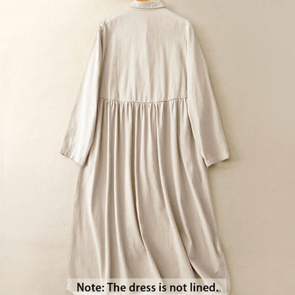 Buddha Stones Commute Long Sleeve Pure Color Button Design Lapel Cotton Midi Dress