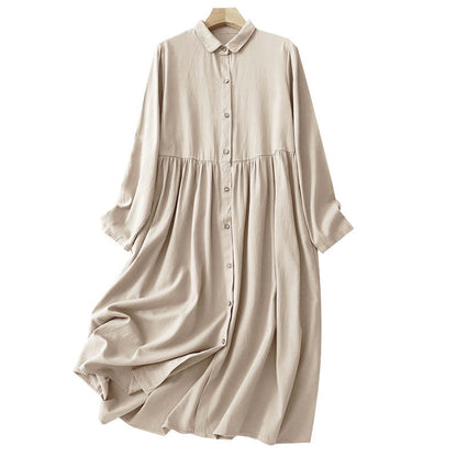 Buddha Stones Commute Long Sleeve Pure Color Button Design Lapel Cotton Midi Dress