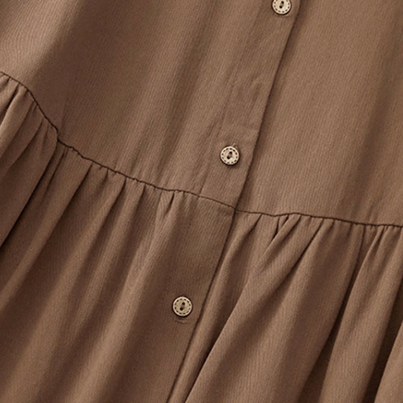 Buddha Stones Commute Long Sleeve Pure Color Button Design Lapel Cotton Midi Dress
