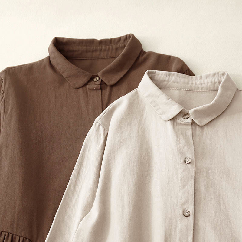 Buddha Stones Commute Long Sleeve Pure Color Button Design Lapel Cotton Midi Dress