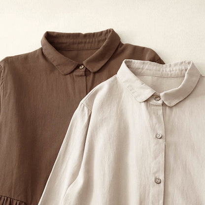 Buddha Stones Commute Long Sleeve Pure Color Button Design Lapel Cotton Midi Dress