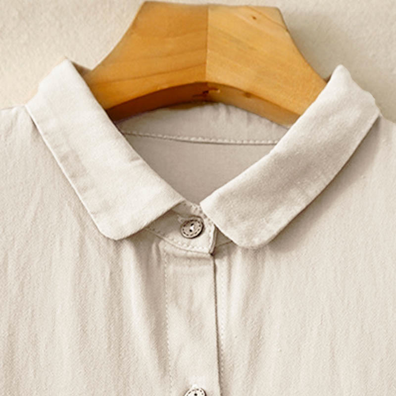 Buddha Stones Commute Long Sleeve Pure Color Button Design Lapel Cotton Midi Dress