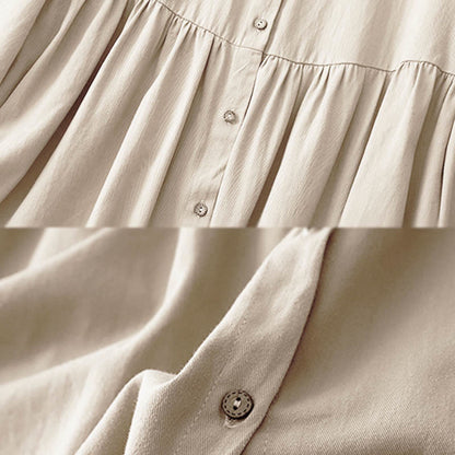 Buddha Stones Commute Long Sleeve Pure Color Button Design Lapel Cotton Midi Dress