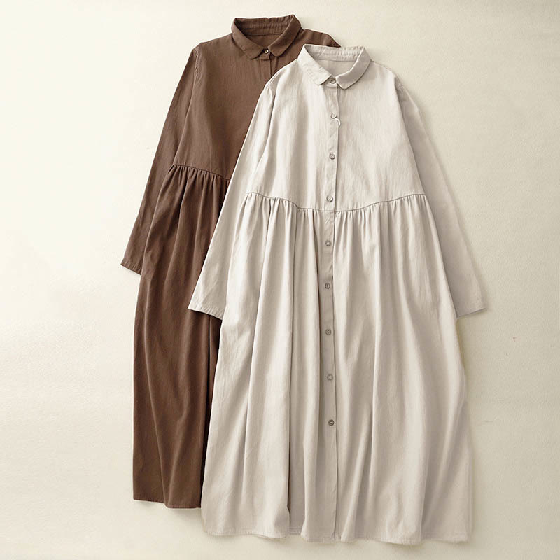 Buddha Stones Commute Long Sleeve Pure Color Button Design Lapel Cotton Midi Dress