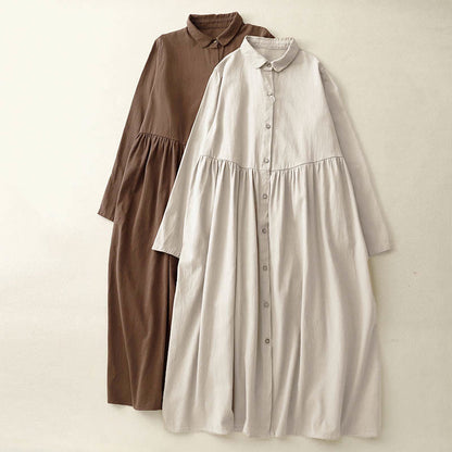Buddha Stones Commute Long Sleeve Pure Color Button Design Lapel Cotton Midi Dress
