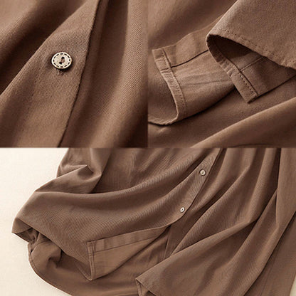 Buddha Stones Commute Long Sleeve Pure Color Button Design Lapel Cotton Midi Dress