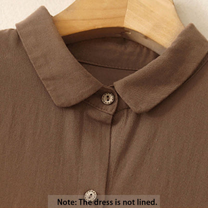 Buddha Stones Commute Long Sleeve Pure Color Button Design Lapel Cotton Midi Dress