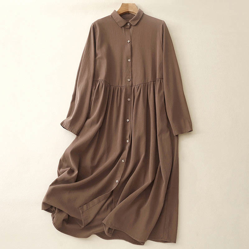 Buddha Stones Commute Long Sleeve Pure Color Button Design Lapel Cotton Midi Dress