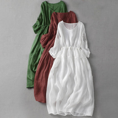 Buddha Stones Embroidery Patchwork Long Puff Sleeve Drawstring Midi Dress With Pockets