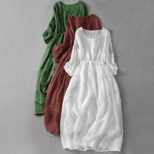 Buddha Stones Embroidery Patchwork Long Puff Sleeve Drawstring Midi Dress With Pockets