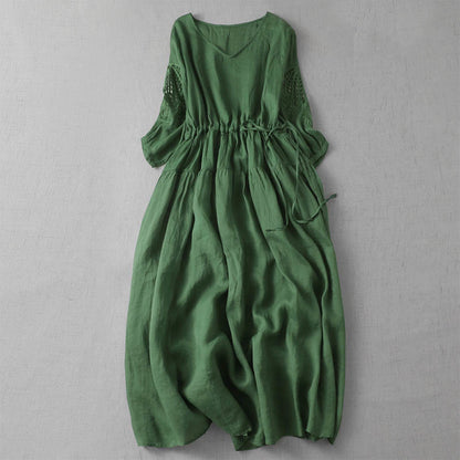 Buddha Stones Embroidery Patchwork Long Puff Sleeve Drawstring Midi Dress With Pockets
