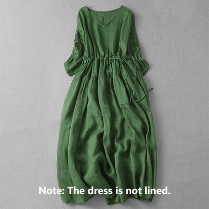 Buddha Stones Embroidery Patchwork Long Puff Sleeve Drawstring Midi Dress With Pockets