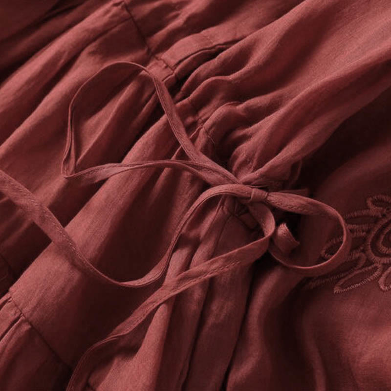 Buddha Stones Embroidery Patchwork Long Puff Sleeve Drawstring Midi Dress With Pockets
